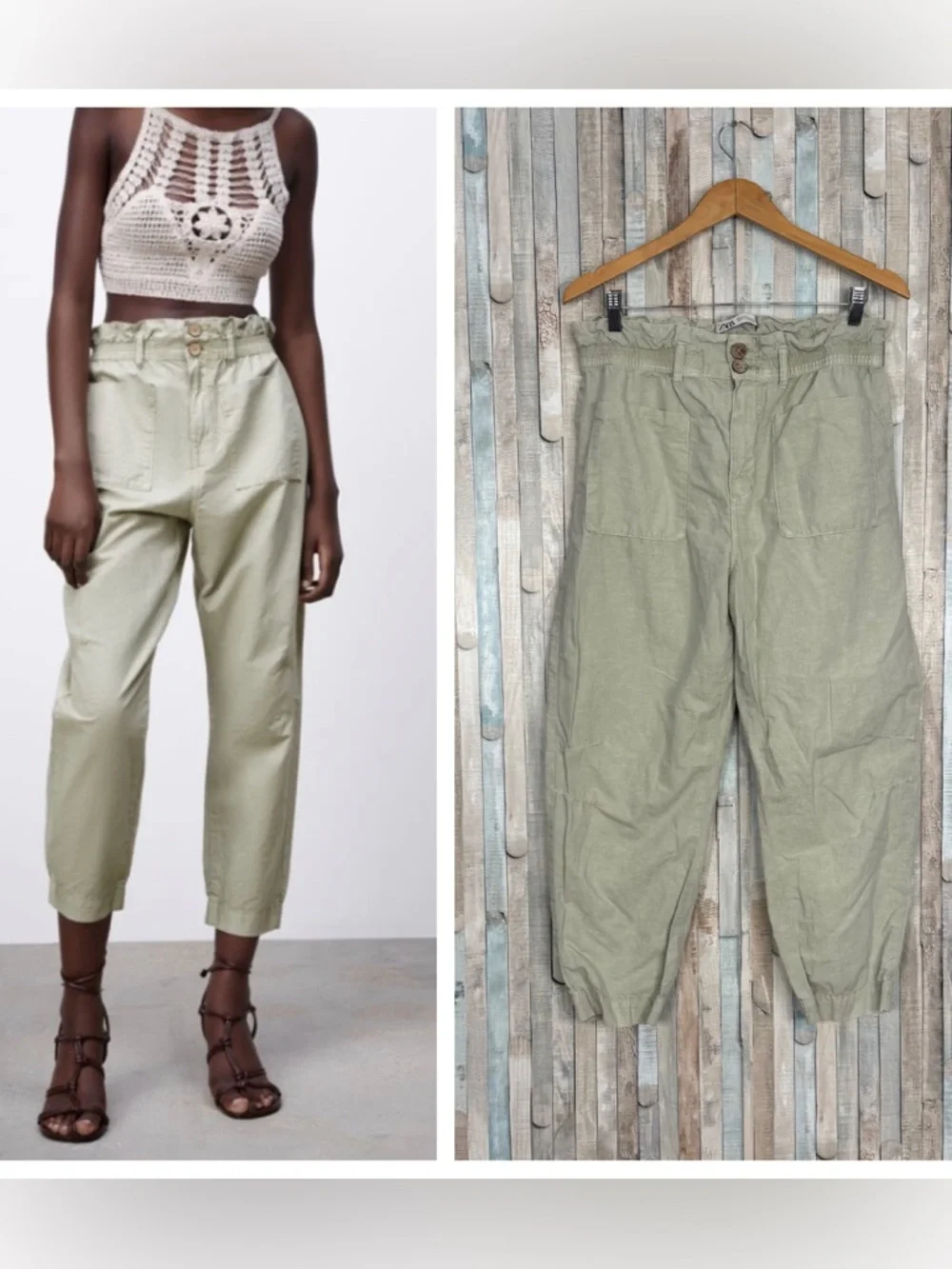 Zara 10 Cotton & Linen Trouser Pants Paperbag High Waist Spring Baggy Carrot Leg
